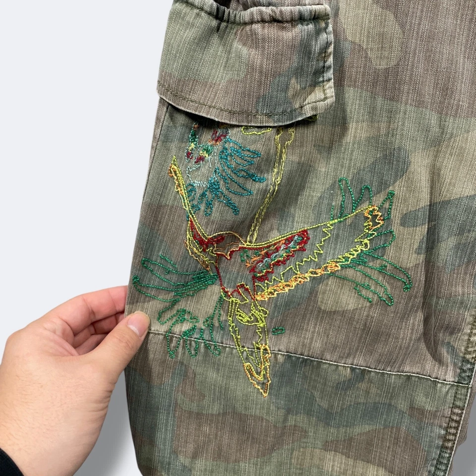 Da-Nang 迷彩丝绸棉工装服女式 M 刺绣鸟拼布波西米亚 — 第 4/4 张图片