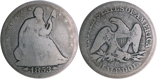 Flèches et rayons demi dollar argent Liberté assise 50c 1853 - nettoyés / rayures