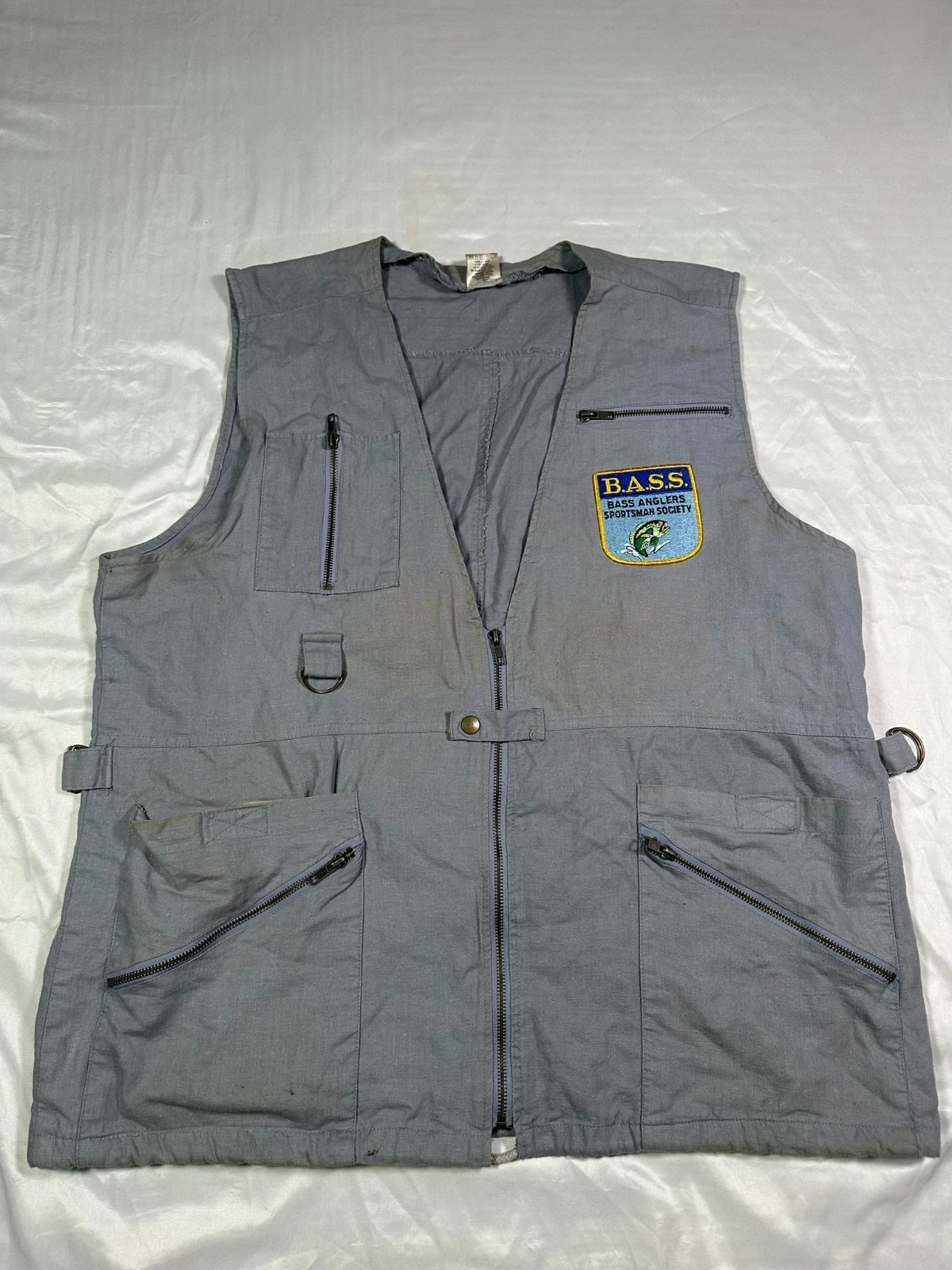 Vintage B.A.S.S. Fishing Utility Vest Gray Zip Pocket Outdoor Angler Vest