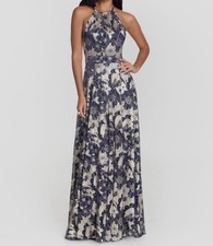 Betsy  Adam Women Blue Metallic Floral Halter Sleeveless Gown Dress Size 4