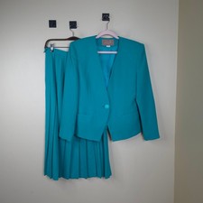 Vintage Savile Fitted Blazer Pleated High Waist Midi Skirt Suit Wool Teal Size 8