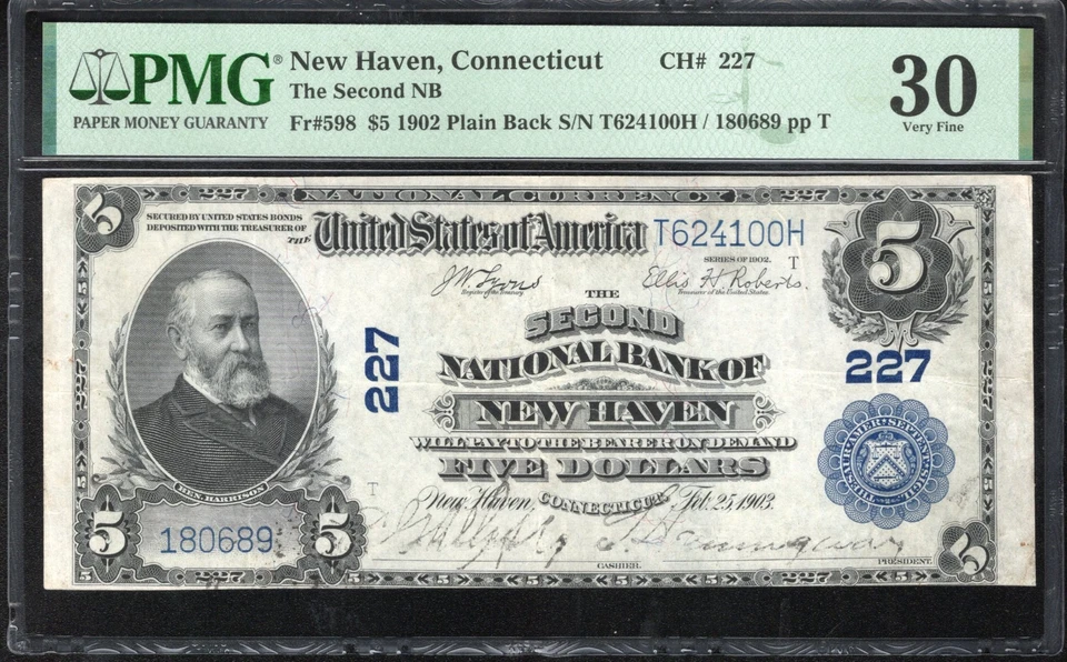 1902 $5 NEW HAVEN, CT SECOND NATIONAL BANK PMG 30 CONNECTICUT CURRENCY 180689 - Image 2 of 3