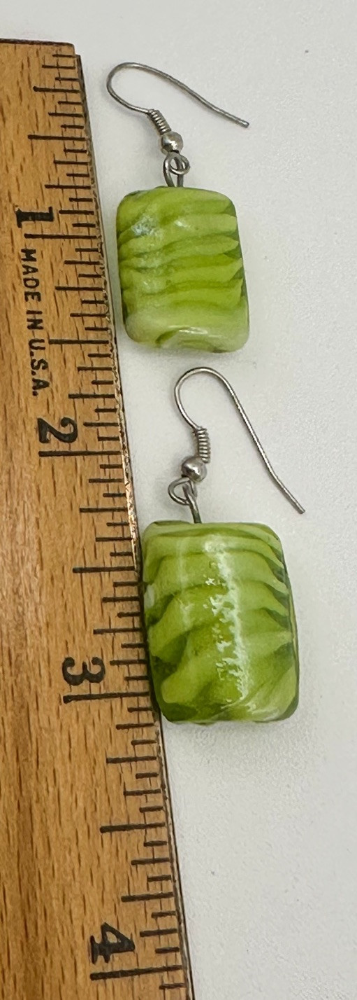 Green Glass Rectangular Beads Silver  Necklace Ea… - image 8