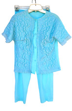 Sears Pajama Set Womens Size 32 Short Sea Green Top Pant Lace Overlay Vintage