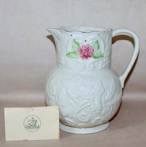 Belleek Pitcher ~ Embossed Rose & Gold Trim 2005 11th Anniversary Show 7.5” Tall - Picture 2 of 24