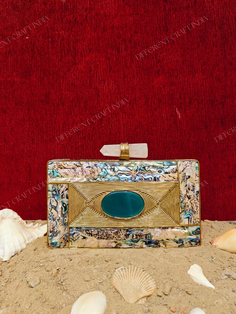 Cartera de lujo con carcasa original abulón con carcasa de mar y bolsa de latón ágata natural