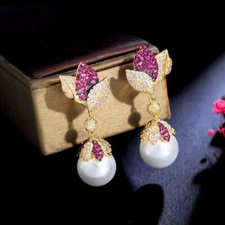 Charming Multi-Tone Gold Plated Red CZ Leaf Drop Long Pearl Earrings for Women