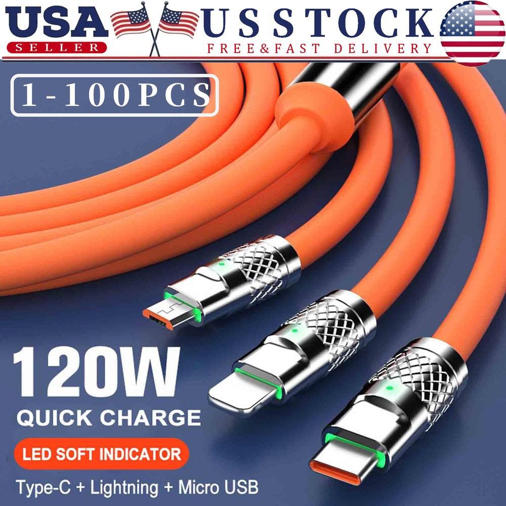 3in1 Fast Charging Cable Cell Phone Charger Cord For iPhone Type C Micro USB lot