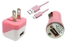 Mini USB Car, Wall, Cable Adapter Charger Combo - Light Pink