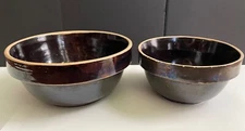 set/2 vintage primitive rustic black/brown glaze yellow ware nested mixing bowls