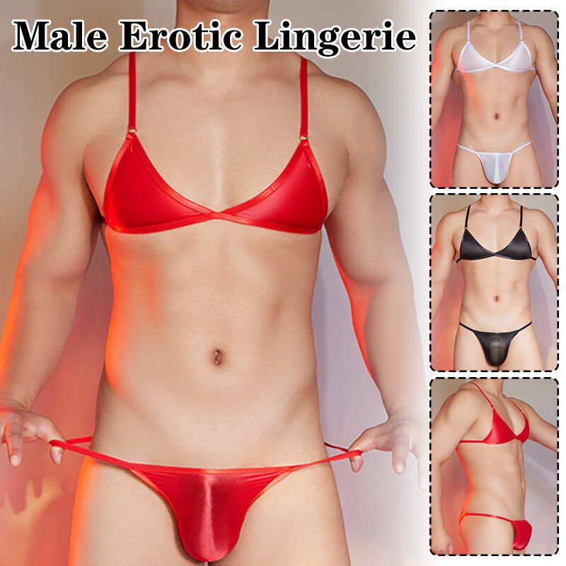 Set of Mens Sissy Briefs Sexy Underwear Satin Lingerie Bras+G-string Underpants