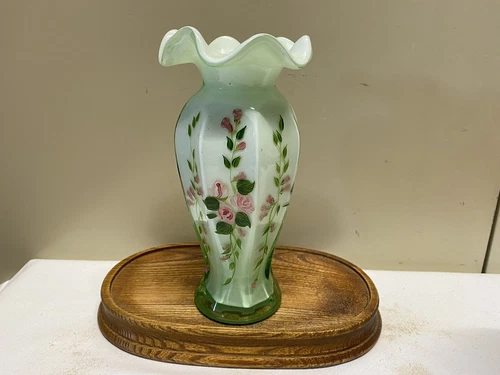 Vtg FENTON Greean Cased Art Glass Vase w Hand Painted Roses Flared Ruffle Rim