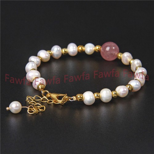 Natural 7-8mm White Freshwater Pearl & Strawberry Quartz Crystal Gems Bracelet - Picture 2 of 3