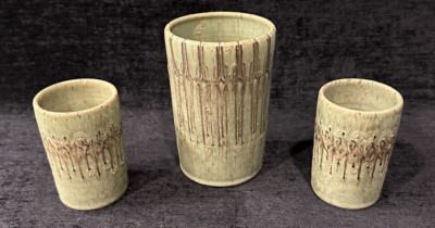 Three (3) Piece Pottery Folk Art Collectible Mug Vase Hand Made Signed