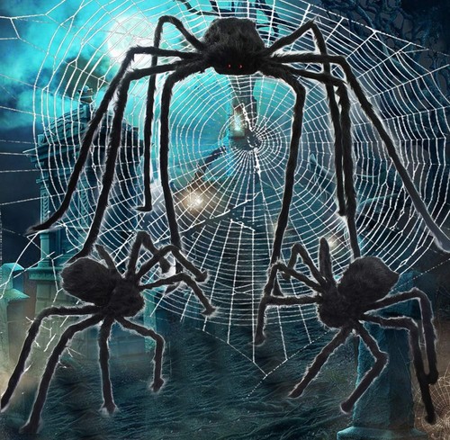 Halloween Spider Decoration Set Scary Hairy Giant Spiders w/ Red Eyes 5 Ft 3 Ft - Picture 5 of 6
