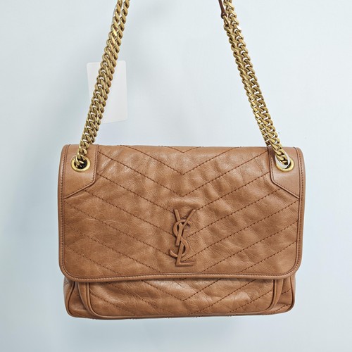 YSL Niki Medium Caramel Brown Waxed Calfskin Shoulder Crossbody Bag Duty Paid