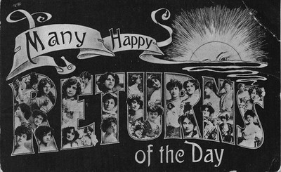1907 Many Happy Returns of the Day Postcard w/ Women Portraits & Sun Motif