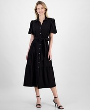 T Tahari Puff-Sleeve Belted Tiered Dress Women's 10 Black Snap Front Closure