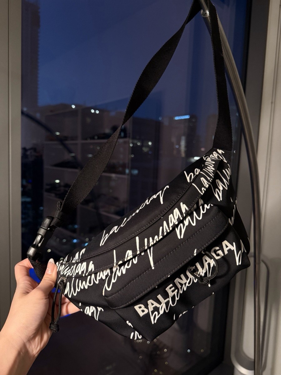 Balenciaga Logo Scribble Print Nylon Belt Bag In Black One Size | eBay