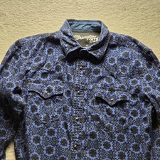 Wrangler Shirt Mens M Blue Geometric Long Sleeve Western Snap Pockets Casual