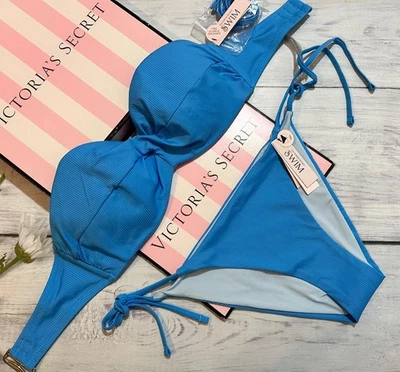 Ensemble Bikini Bandeau Sans Bretelles Victoria's Secret Bleu 32DD - Photo 1/4