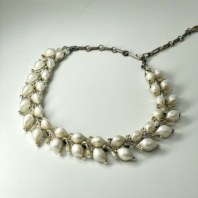 Vintage Lisner Faux Pearl Necklace Signed Rhinestone Floral Silver Tone MCM