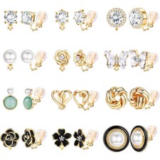 12 Pairs CZ Crystal Clip-On Cute Earrings for Women Non Piercing Hypoallergenic