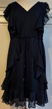 TOMMY HILFIGER Swiss Dot NAVY Chiffon Ruffle Flounce Hem Knee Sheath Dress 16