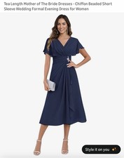 Mother of Bride Navy Blue Dress Size 12. Tea Length Chiffon Beaded Short Sleeve