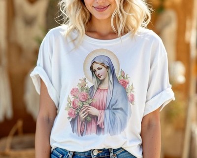 Blessed Mother Virgin Mary Graphic Tee Catholic Faith T-Shirt Womens Vintage