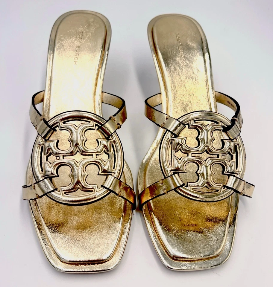 TORY BURCH GEO BOMBE MILLER SANDALIA TACÓN BAJO ARRUGADO CUERO METÁLICO TALLA 10 NUEVO EN CAJA Foto 2 de 4