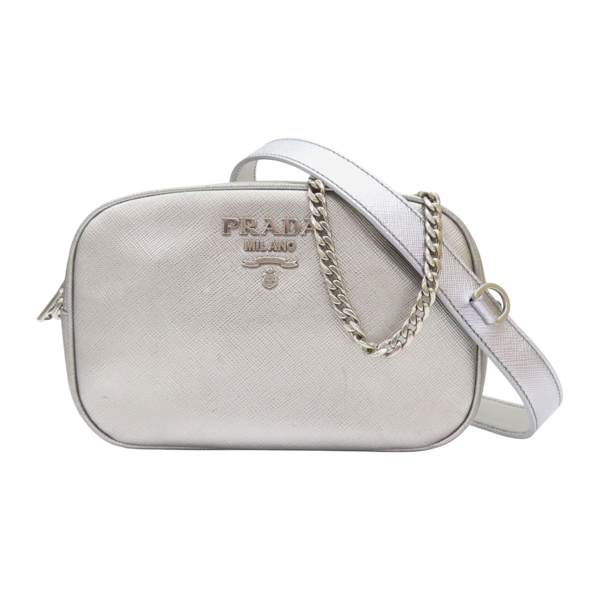 PRADA Metallic Saffiano Leather Camera Crossbody Bag Silver | eBay