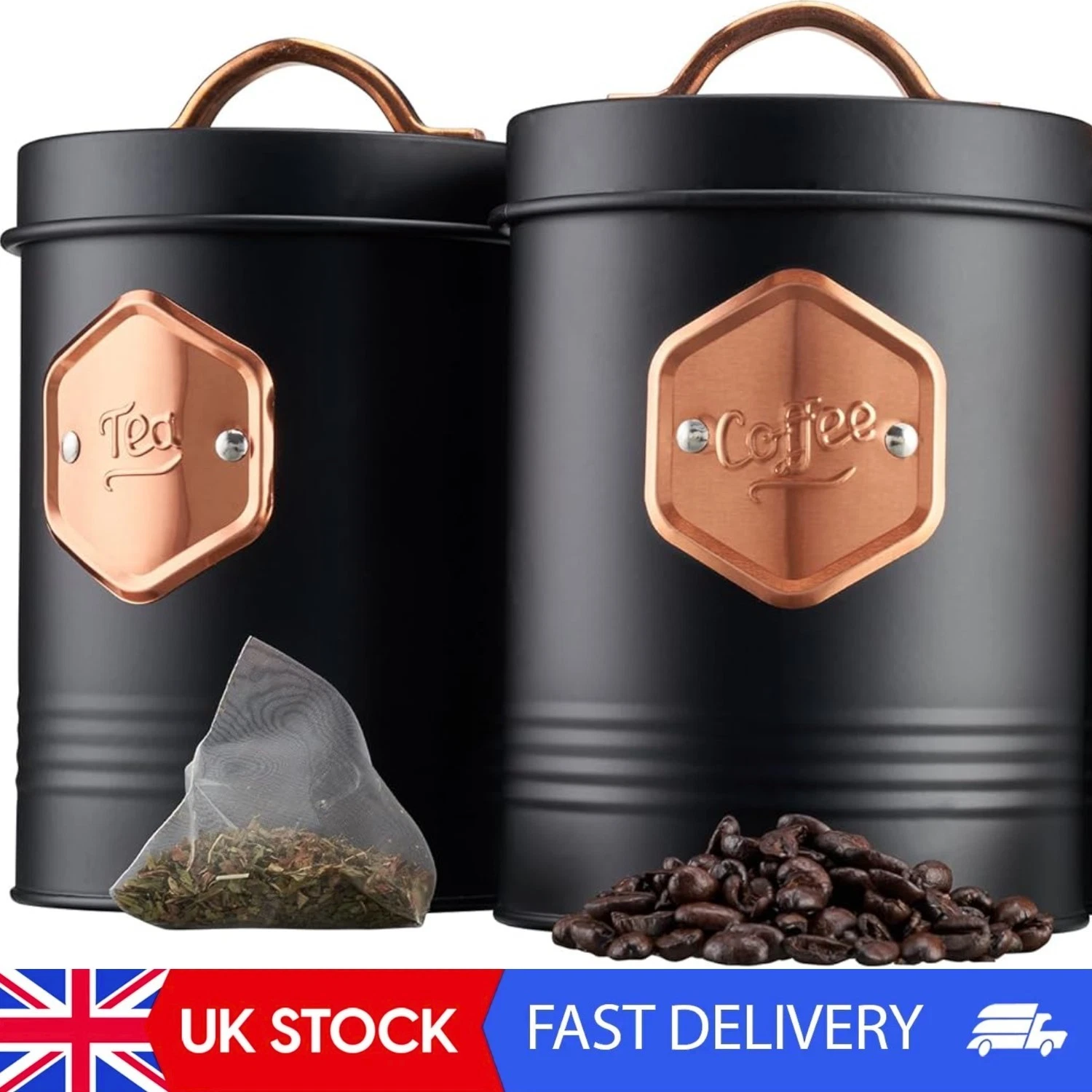 3 Piece Tea Coffee Sugar Cannister Set | Labelled Storage Tins | Containers With