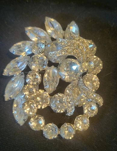 Vintage Eisenberg Brooch Pin  Clear Crystals Signed Silver Rare
