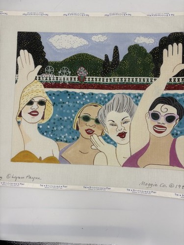 Maggie Co Signed Needlepoint Canvas Women Lounging Pool Scene Unworked