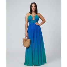 NWT Mac Duggal 77017 Ocean Blue Ombre Halter Pleated Evening Gown Size 14W