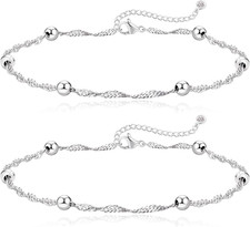 Silver Anklets Set Beaded Heart Cuban Figaro Chains