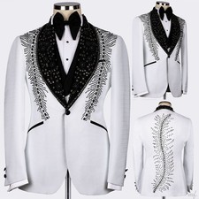 Rhinestone Men Suits Slim Fit Wedding Tuxedos Shawl Lapel Single Breasted Custom