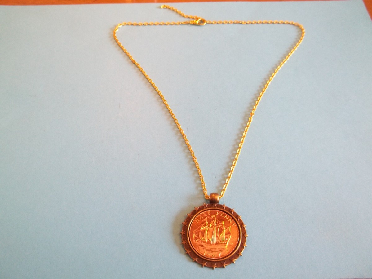 HALF PENNY COIN LIMITED EDITION BRONZE CASE GOLD PENDANT NECKLACE