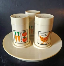 Vtg Salt Pepper Toothpick Cheese Shaker Holder MCM Plastic Set w/ Tray Condiment