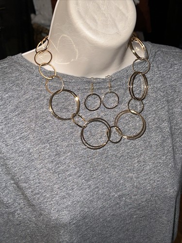 J CREW Large Gold Link Circle Chains Matching Earring Set Necklace NWOT new💗225 - Picture 5 of 5