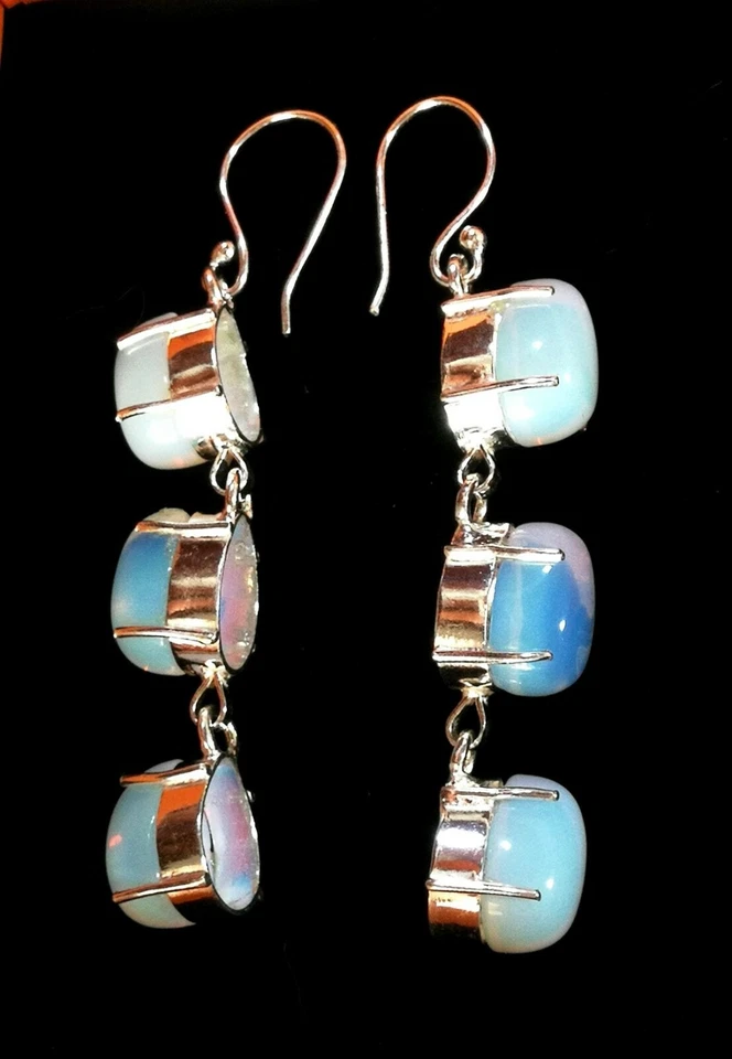 MILKY OPALITE CABOCHON DROPS 925 STERLING SILVER HANGING EARRINGS - Immagine 3 di 4