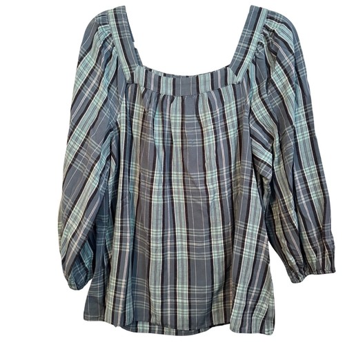 Lauren Conrad Sz L Plaid Square Neck Blouse Long Sleeve Lightweight Blouse - Picture 2 of 12