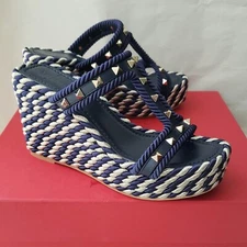 VALENTINO GARAVANI Women Navy Blue Espadrille Wedge Rockstud Slide Sandal 37 7