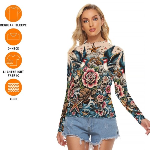 Tattoo Bluse Netz durchsichtig Shirt transparent Top Matrose maritim Totenkopf Floral Blumen - Bild 6 von 6