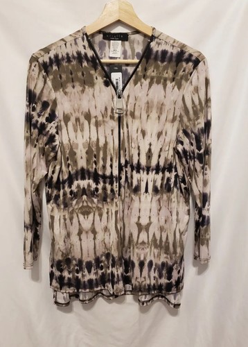 ARIELLA Blouse Women Medium Blue Olive Zipper Front Long Sleeve