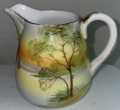 Vintage NIPPON Hand Painted Tree Sailboat Lake Porcelain Creamer Pitcher