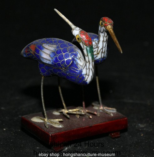 3.6" Old Chinese Dynasty Copper Cloisonne Fengshui Crane Bird Sculpture Pair - Picture 2 of 5