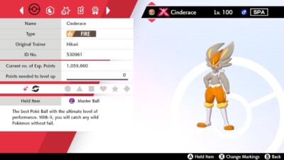 Shiny Gmax Cinderace für Pokemon Schwert und Schild + Masterball