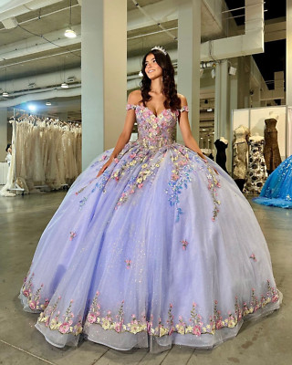 Lavander Quinceanera Dress Off Shoulder 3D Flower Princess Party Prom Ball Gown